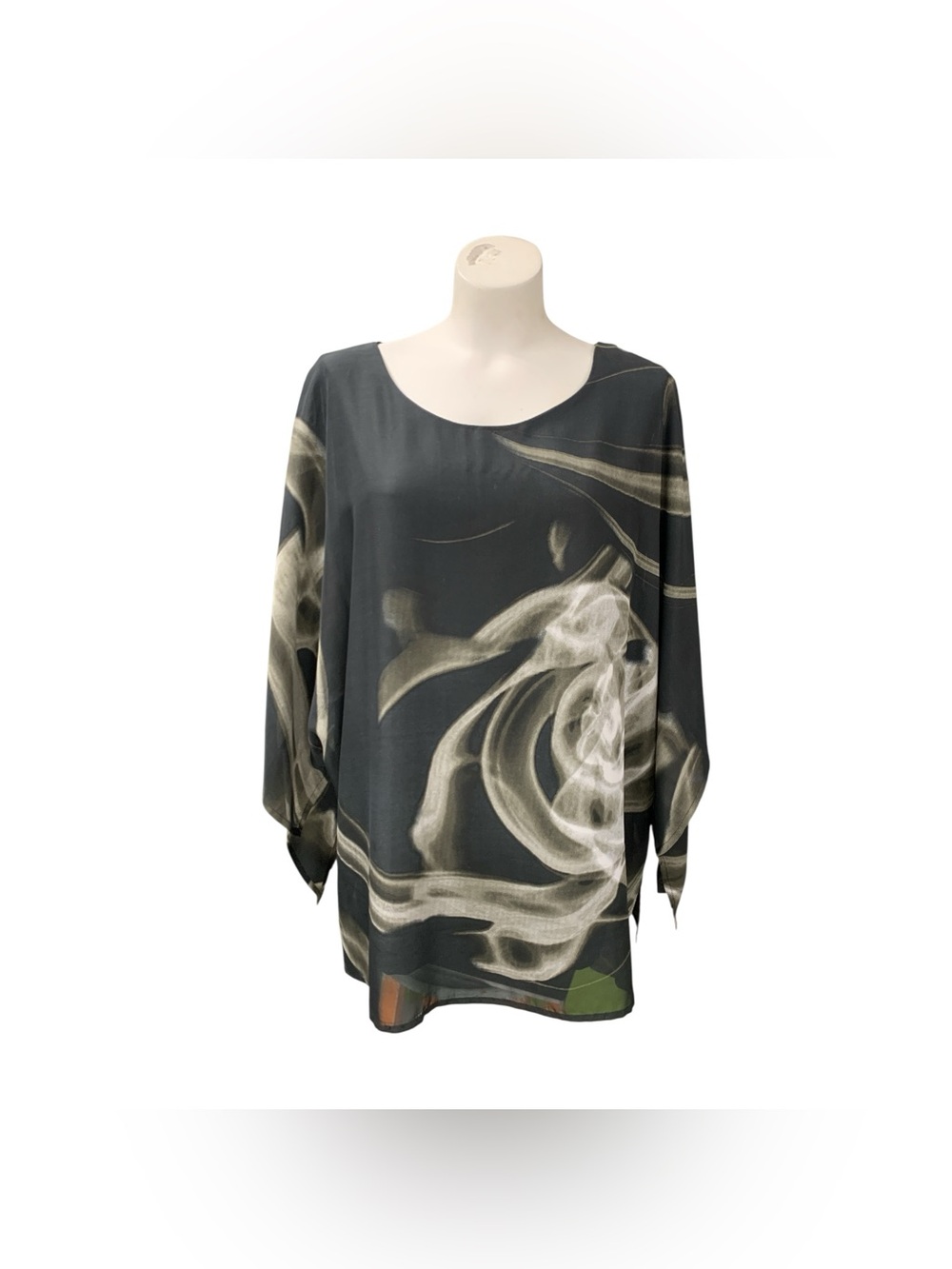 Laura Abstract Smoke-Print Long Sleeve Tunic - Black & Cream Size Xl